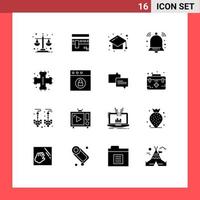 Pack of 16 Modern Solid Glyphs Signs and Symbols for Web Print Media such as mechanical notification religion bell study Editable Vector Design Elements