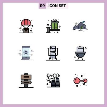 conjunto de color plano de línea de relleno de interfaz móvil de 9 pictogramas de elementos de diseño de vector editables de naturaleza de árbol presente de api móvil