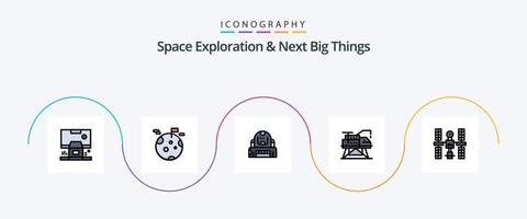 la exploración espacial y la próxima línea de grandes cosas llenaron el paquete de iconos planos 5 que incluye la plataforma. Ingenieria. espacio. construcción. casco vector