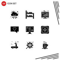 9 User Interface Solid Glyph Pack of modern Signs and Symbols of play computer coins message like Editable Vector Design Elements