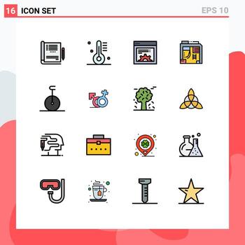Modern Set of 16 Flat Color Filled Lines Pictograph of monocycle computer gastronomy case atx Editable Creative Vector Design Elements