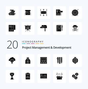 20 Project Management And Development Solid Glyph icon Pack like items essential tools business tools web vector