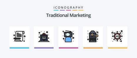 la línea de marketing tradicional llenó el paquete de 5 iconos, incluida la computadora. blogger pantalla de sobremesa. estrategia. anuncio. diseño de iconos creativos vector