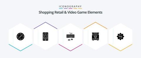 Shoping Retail And Video Game Elements 25 Glyph icon pack including sticker. new. keyboard. gaming. treasure vector