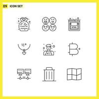 Pack of 9 Modern Outlines Signs and Symbols for Web Print Media such as man wedding html party love Editable Vector Design Elements