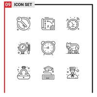 Pack of 9 Modern Outlines Signs and Symbols for Web Print Media such as clock mirror api comb watch Editable Vector Design Elements