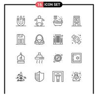 Pictogram Set of 16 Simple Outlines of memory chip wet bathroom warning signal Editable Vector Design Elements