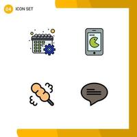 paquete de 4 modernos signos y símbolos de colores planos de línea de relleno para medios de impresión web, como la configuración del plumero de calendario, elementos de diseño de vectores editables de chat telefónico