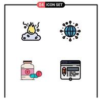 Mobile Interface Filledline Flat Color Set of 4 Pictograms of burn pill pollution globe drugs Editable Vector Design Elements