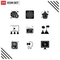 Universal Icon Symbols Group of 9 Modern Solid Glyphs of television video tutorials tool video advertising online advertisement Editable Vector Design Elements