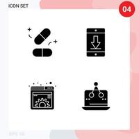 Pack of 4 Modern Solid Glyphs Signs and Symbols for Web Print Media such as medicine content science devices gear Editable Vector Design Elements
