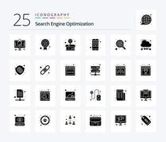 Seo 25 Solid Glyph icon pack including search. gear. idea. online store. ecommerce vector