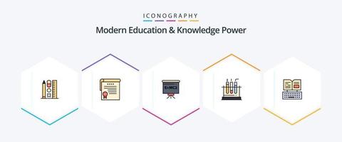 paquete de iconos de 25 líneas completas de poder de educación y conocimiento moderno que incluye teclado. médico. aula . laboratorio. tubo vector