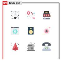 Pictogram Set of 9 Simple Flat Colors of loud setting slot machine page gear Editable Vector Design Elements