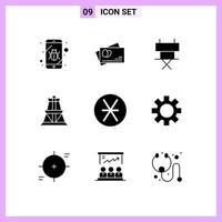 Mobile Interface Solid Glyph Set of 9 Pictograms of coin denarius cinema transmission tower energy Editable Vector Design Elements