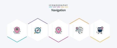 Navigation 25 FilledLine icon pack including location. train. map. flight location. airplane location vector