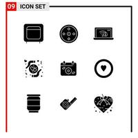 Mobile Interface Solid Glyph Set of 9 Pictograms of heart hands target care lost Editable Vector Design Elements