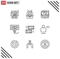 9 signos de contorno universales símbolos de precio de compra máquina de vacaciones compras en línea elementos de diseño vectorial editables vector