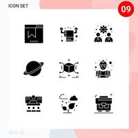 Editable Vector Line Pack of 9 Simple Solid Glyphs of cube flag business moon planet Editable Vector Design Elements