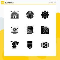 9 Thematic Vector Solid Glyphs and Editable Symbols of file coins environment money budget Editable Vector Design Elements