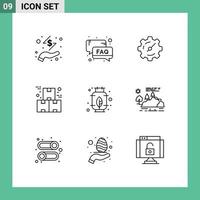 paquete de 9 signos y símbolos de contornos modernos para medios de impresión web, como elementos de diseño de vectores editables de la caja de la industria de correo electrónico de productos energéticos
