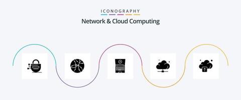 Network And Cloud Computing Glyph 5 Icon Pack Including upload. technology. laptop. server. data vector