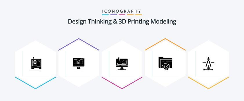 Design Thinking And D Printing Modeling 25 Glyph icon pack including education. compass. building. computing. setting vector