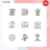 Group of 9 Outlines Signs and Symbols for heart rate success lock money business Editable Vector Design Elements