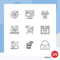 Mobile Interface Outline Set of 9 Pictograms of water tent shopping chair communication Editable Vector Design Elements