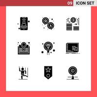 Pack of 9 creative Solid Glyphs of develop search business research book Editable Vector Design Elements