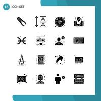 Group of 16 Solid Glyphs Signs and Symbols for pisces astrology privacy technology mobile Editable Vector Design Elements