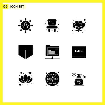 9 conjunto de glifos sólidos universales para aplicaciones web y móviles placa servidor coliflor carpeta escudo elementos de diseño vectorial editables vector