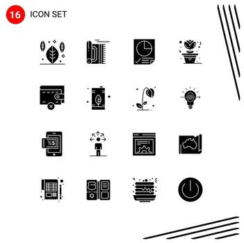 Modern Set of 16 Solid Glyphs Pictograph of wallet delete data pot flower Editable Vector Design Elements