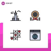 Mobile Interface Filledline Flat Color Set of 4 Pictograms of architecture and city ribbon tower award heart Editable Vector Design Elements