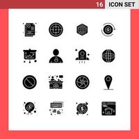 Mobile Interface Solid Glyph Set of 16 Pictograms of projector transaction target flow idea Editable Vector Design Elements