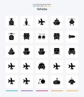 vehículos creativos paquete de iconos negros sólidos de 25 glifos, como el transporte. Embarcacion. vehículos completado. transporte vector