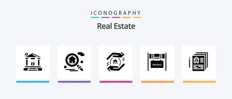 Real Estate Glyph 5 Icon Pack Including for sale. real . real estate. building . school. Creative Icons Design vector