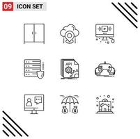 Set of 9 Modern UI Icons Symbols Signs for api protection video network internet Editable Vector Design Elements