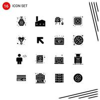 Editable Vector Line Pack of 16 Simple Solid Glyphs of light bulb mouse microchip chip Editable Vector Design Elements