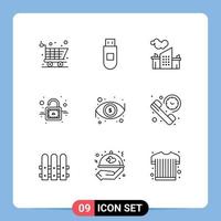 9 User Interface Outline Pack of modern Signs and Symbols of call look landscape eye unlock Editable Vector Design Elements