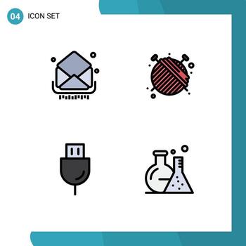 4 símbolos de signos de color plano de línea de llenado universal de dispositivos de correo elementos de diseño de vector editables de enchufe de modista de bandeja de entrada