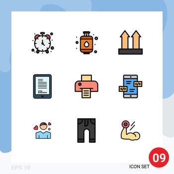 conjunto de pictogramas de 9 colores planos de línea de llenado simple de la impresora de impresión codificación de celdas de envío elementos de diseño de vectores editables