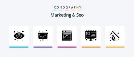 paquete de iconos de marketing y seo glyph 5 que incluye dinero. publicidad. estadística. anuncio. seguridad. diseño de iconos creativos vector