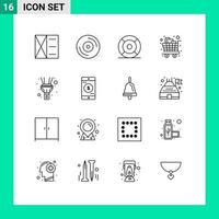 Group of 16 Modern Outlines Set for flash shopping essential groceries cart Editable Vector Design Elements