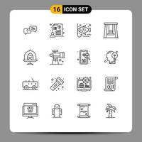 Set of 16 Vector Outlines on Grid for food disk fish swing kids Editable Vector Design Elements