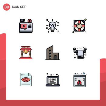 9 colores planos universales de línea de relleno establecidos para aplicaciones web y móviles apartamento solución china soporte de puente elementos de diseño vectorial editables vector