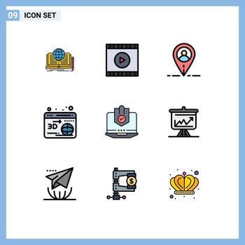 conjunto moderno de 9 colores planos de línea de relleno pictografía de elementos de diseño vectorial editables web de globo web antivirus de Internet vector