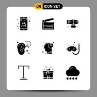 Pack of 9 Modern Solid Glyphs Signs and Symbols for Web Print Media such as ear buzz clapperboard travel filled Editable Vector Design Elements