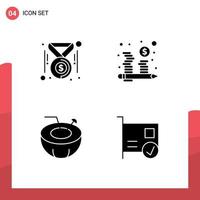 4 Universal Solid Glyphs Set for Web and Mobile Applications badge coconut drink money investment holiday Editable Vector Design Elements