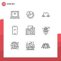 Set of 9 Modern UI Icons Symbols Signs for currency iphone love android smart phone Editable Vector Design Elements